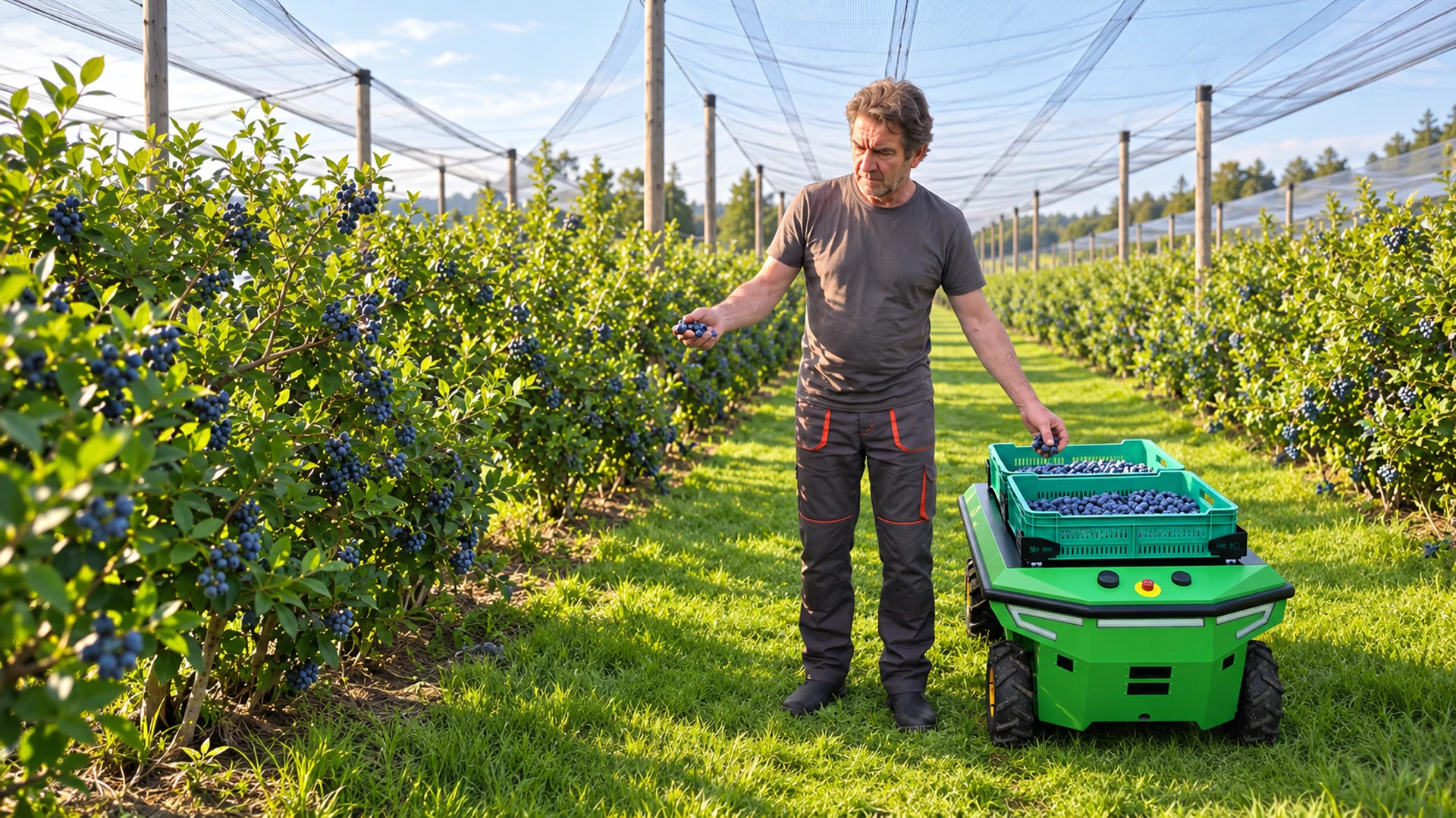 A farmer harvesting blueberries beside the complete XtaskR rover