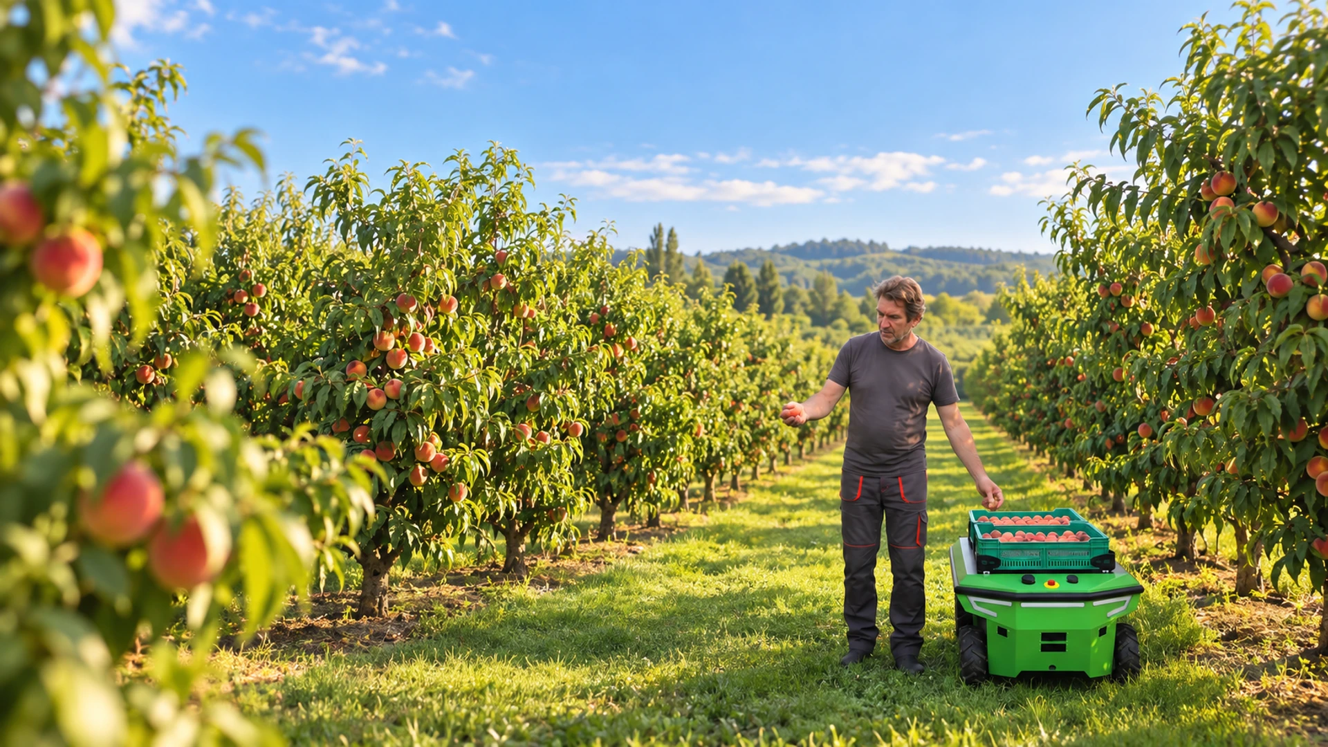 A farmer and the complete XtaskR rover carrying fruit in an orchard